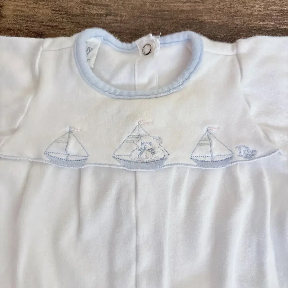 VINTAGE BABY DIOR EMBROIDERED SAILBOAT WHITE VELOUR ROMPER - 3 TO 6 M